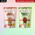 Chewboo Sweeteners Bundle containing Dates Powder and Coconut Sugar with a 20% off banner.