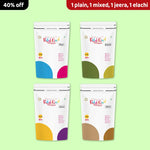 Four-pack bundle of Kiddikind Millet Miracles in Plain, Mixed, Jeera, and Elaichi with a 40% off tag.