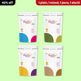 Four-pack bundle of Kiddikind Millet Miracles in Plain, Mixed, Jeera, and Elaichi with a 40% off tag.