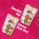Chewboo Dates Powder 2 Packs with text: Double Up. Never Run Out.