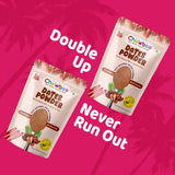 Chewboo Dates Powder 2 Packs with text: Double Up. Never Run Out.