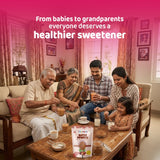 Multi-generational family enjoying drinks sweetened with Chewboo Dates Powder in a living room.
