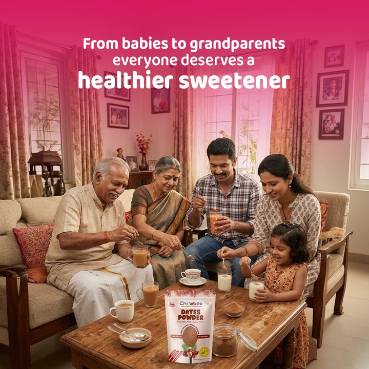 Multi-generational family enjoying drinks sweetened with Chewboo Dates Powder in a living room.