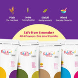 Kiddikind ad showing four flavors of baby food pouches: Mixed, Elaichi, Jeera, and Plain.