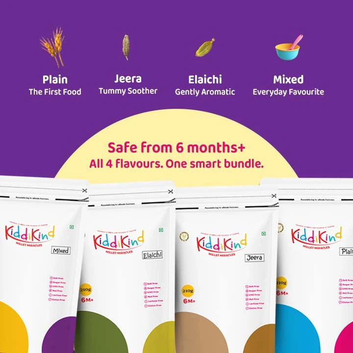 Kiddikind ad showing four flavors of baby food pouches: Mixed, Elaichi, Jeera, and Plain.