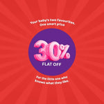 Promotional graphic for Kiddikind with a pink 3D "30% FLAT OFF" discount text over a purple circle.