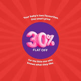 Promotional graphic for Kiddikind with a pink 3D "30% FLAT OFF" discount text over a purple circle.