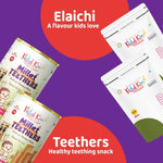 Kiddikind promo graphic showing Elaichi Millet pouches and Millet Teethers tins with text: A flavour kids love and Healthy teething snack.