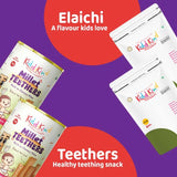 Kiddikind promo graphic showing Elaichi Millet pouches and Millet Teethers tins with text: A flavour kids love and Healthy teething snack.