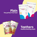 Kiddikind promo graphic showing Miracle Millet pouches and Millet Teethers tins with text: Plain The perfect First food and Healthy teething snack.
