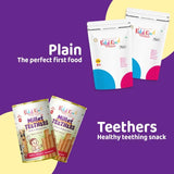 Kiddikind promo graphic showing Miracle Millet pouches and Millet Teethers tins with text: Plain The perfect First food and Healthy teething snack.