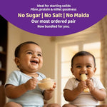 Two babies sitting side by side holding Teether and Miracle millet plain in the bowl with text promoting starting solids, millets, and no sugar, salt, or maida.