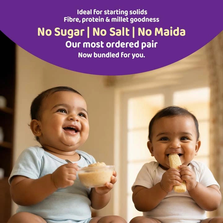 Two babies sitting side by side holding Teether and Miracle millet plain in the bowl with text promoting starting solids, millets, and no sugar, salt, or maida.
