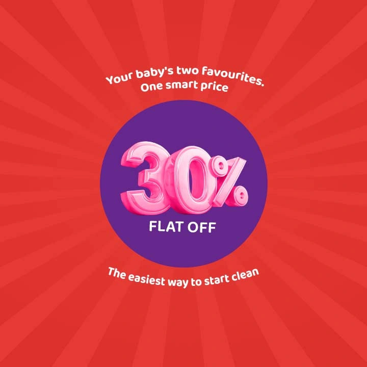 Promotional graphic for Kiddikind with a pink 3D "30% FLAT OFF" discount text over a purple circle.