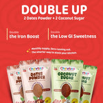 Chewboo combo ad with two Dates Powder and two Coconut Sugar pouches on a red background.