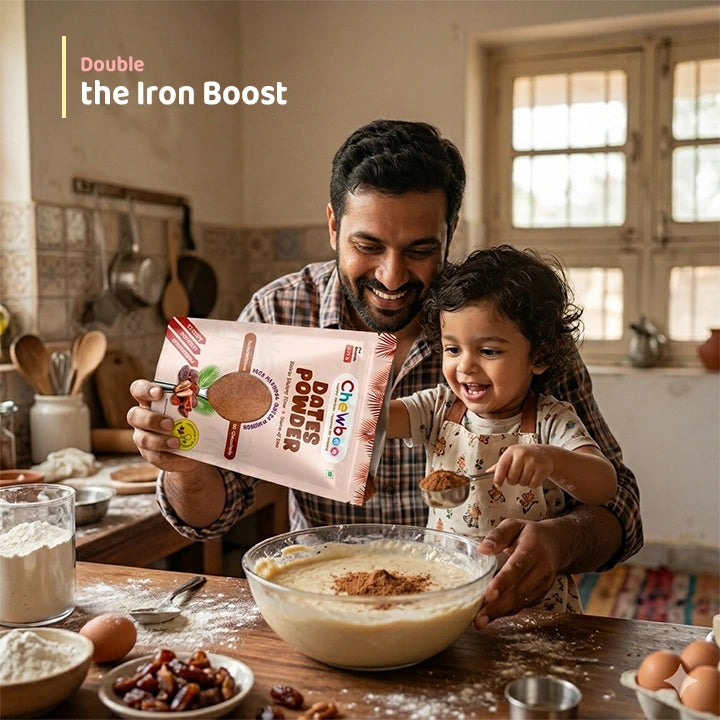 Father and child baking with Chewboo Dates Powder, featuring text 'Double the Iron Boost'.