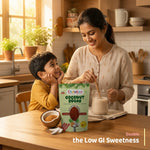 Mother and child in a kitchen with Chewboo Coconut Sugar, featuring text Double the Low GI Sweetness.