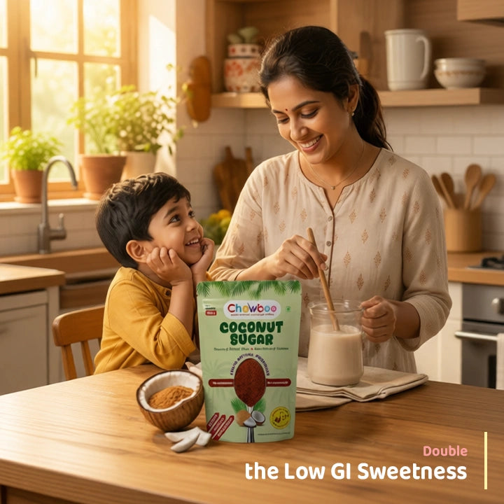 Mother and child in a kitchen with Chewboo Coconut Sugar, featuring text Double the Low GI Sweetness.