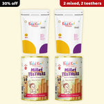 KiddiKind baby food combo pack containing 2 mixed millet mix pouches and 2 tins of Millet Teethers, with a 30% off promotional badge.